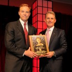 Topcon’s Ray O’Connor (right) pictured with Stu Levenick (left), 2013 AEM Chair, who announced the induction of O’Connor into the AEM Hall of Fame.