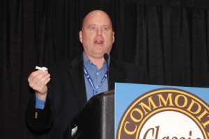 The Climate Corp. vice president of marketing Anthony Osborne addressing the media at the 2014 Commodity Classic in San Antonio, TX.